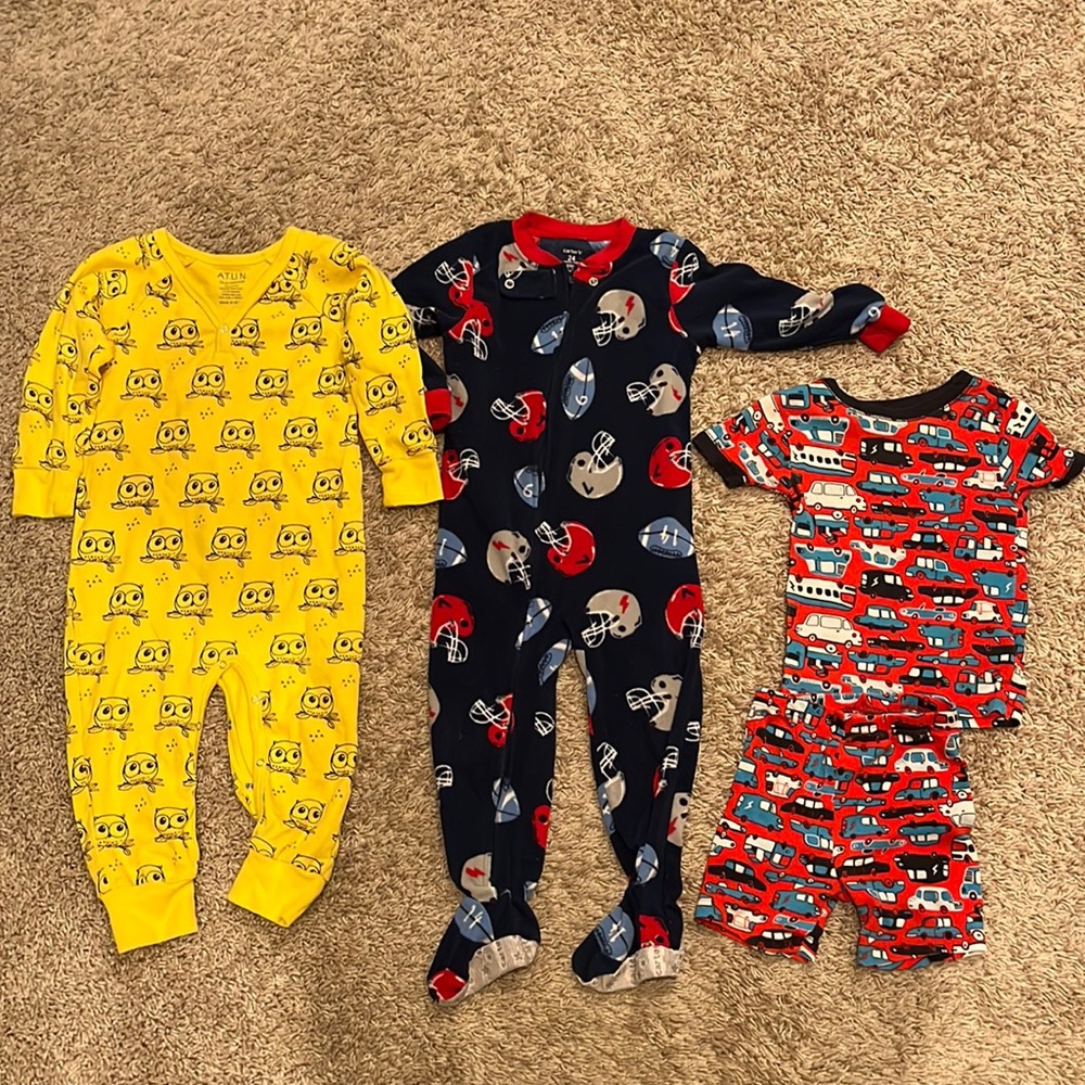 Three pairs of pajamas, carters and A.T.U.N size 18-24, 24 month